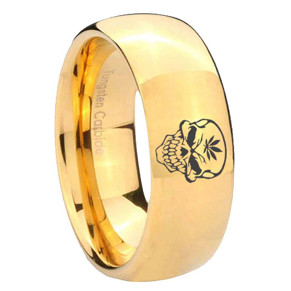 10mm Skull Marijuana Leaf Dome Gold Tungsten Carbide Mens Engagement Band