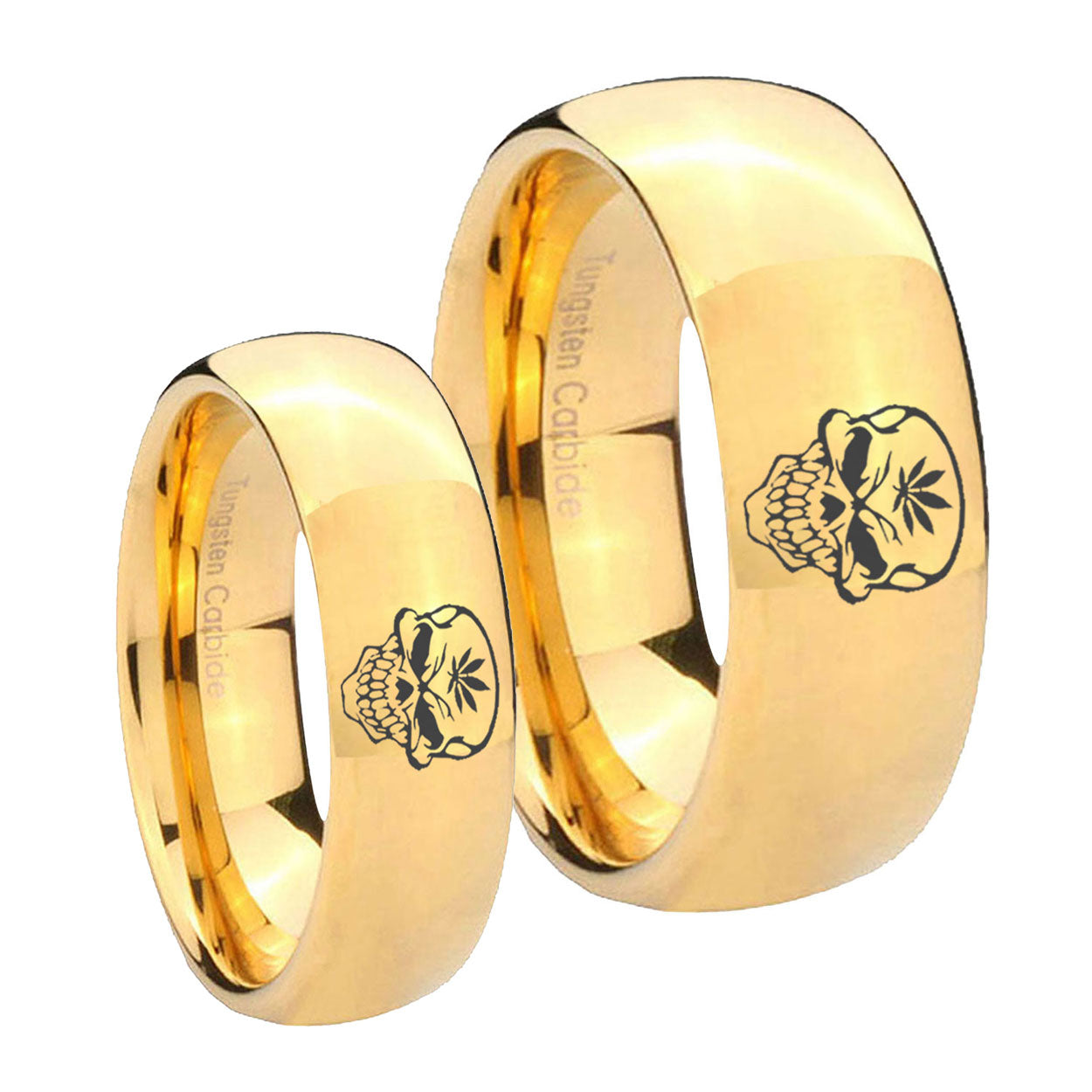 Skull Marijuana Leaf Dome Gold Tungsten Bridal Ring Set