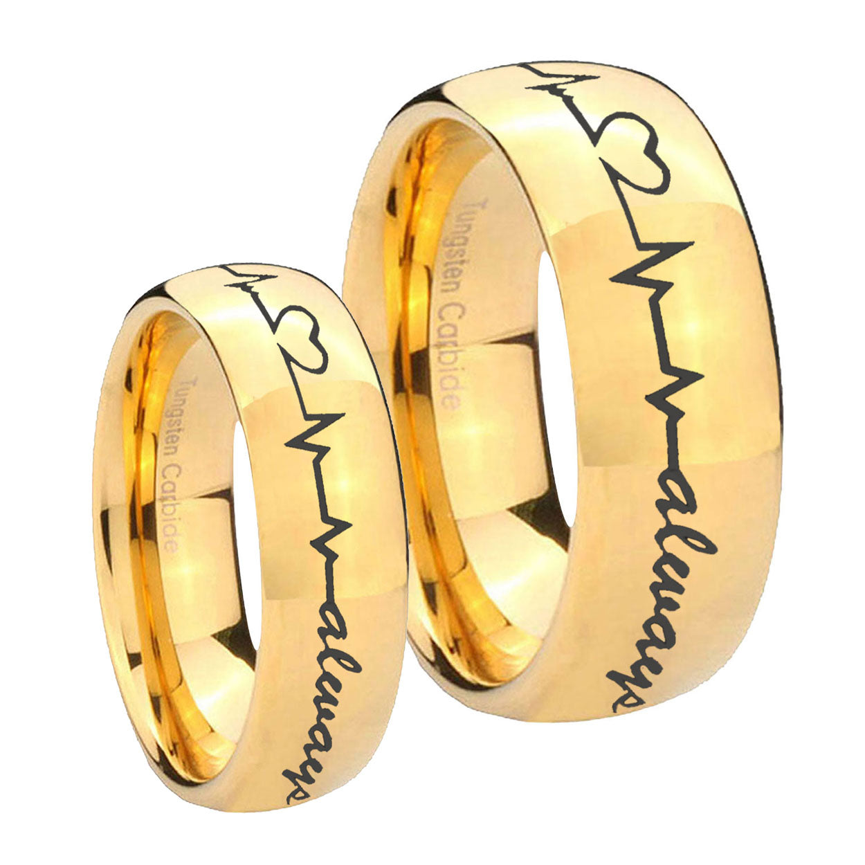 Heart Beat forever Heart always Dome Gold Tungsten Bridal Set Ring