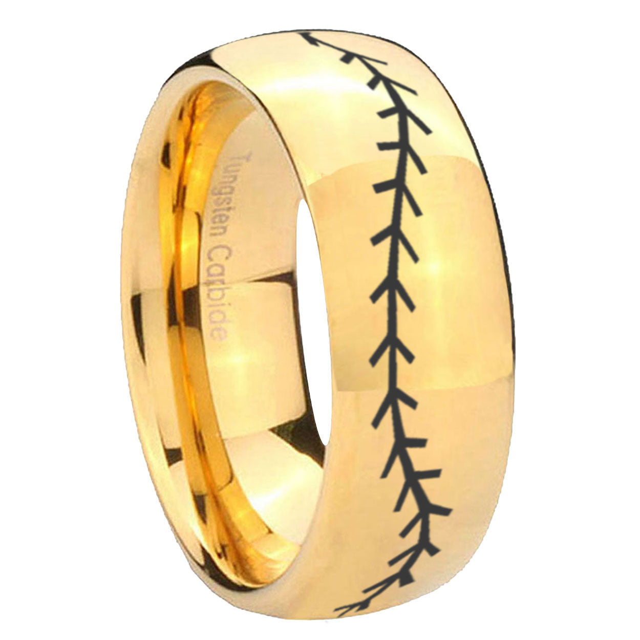 8MM Baseball Stitch Dome Polish Gold Tungsten Personalized Ring