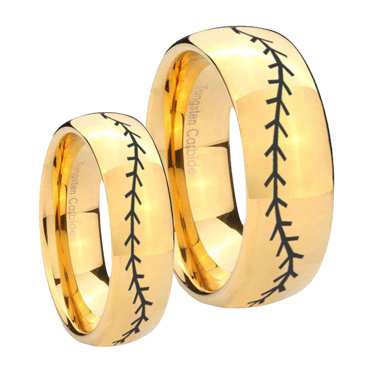 Baseball Stitch Dome Gold Tungsten Mens Band Set