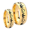 Hearts and Crowns Dome Gold Tungsten Bridal Set Rings