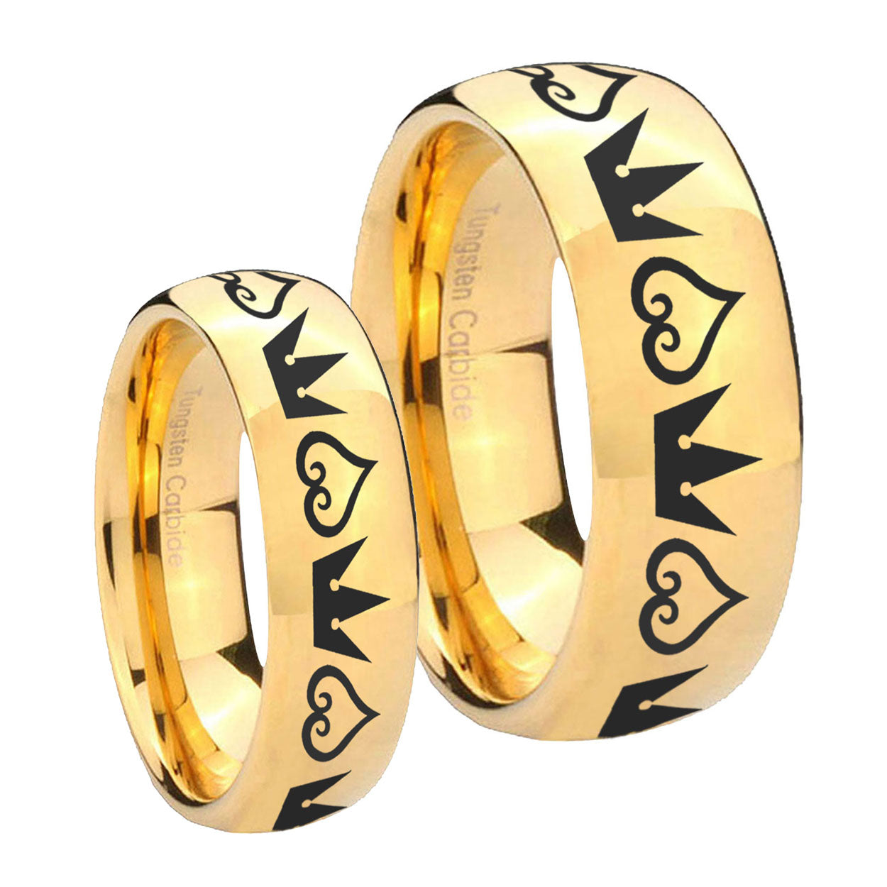 Hearts and Crowns Dome Gold Tungsten Bridal Set Rings