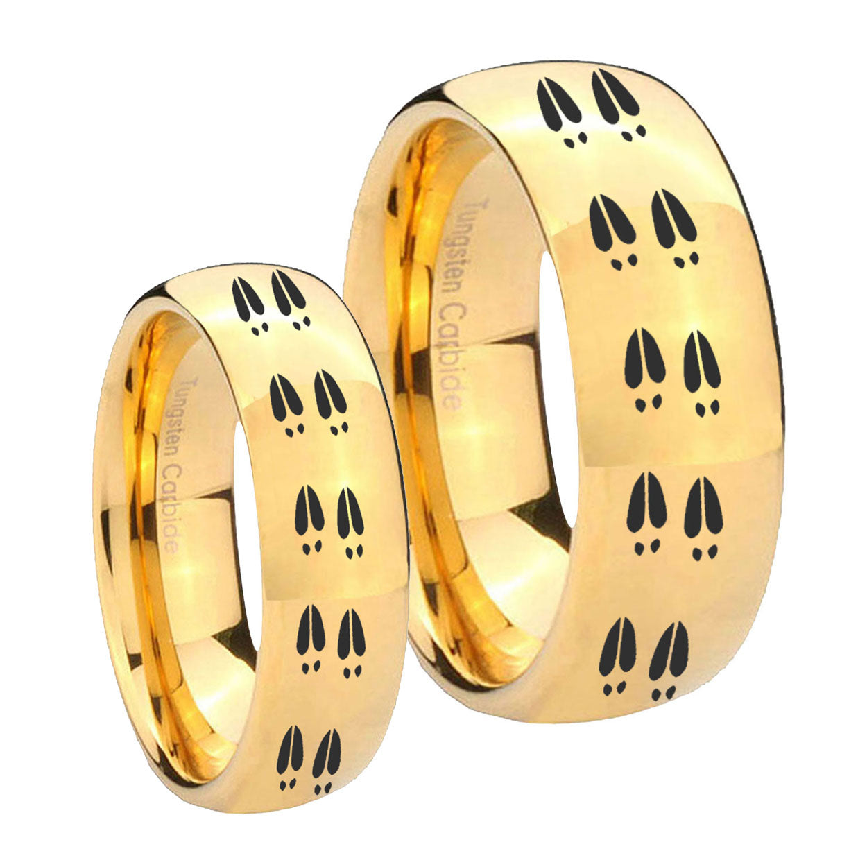 Deer Tracks Dome Gold Tungsten Bridal Ring Sets