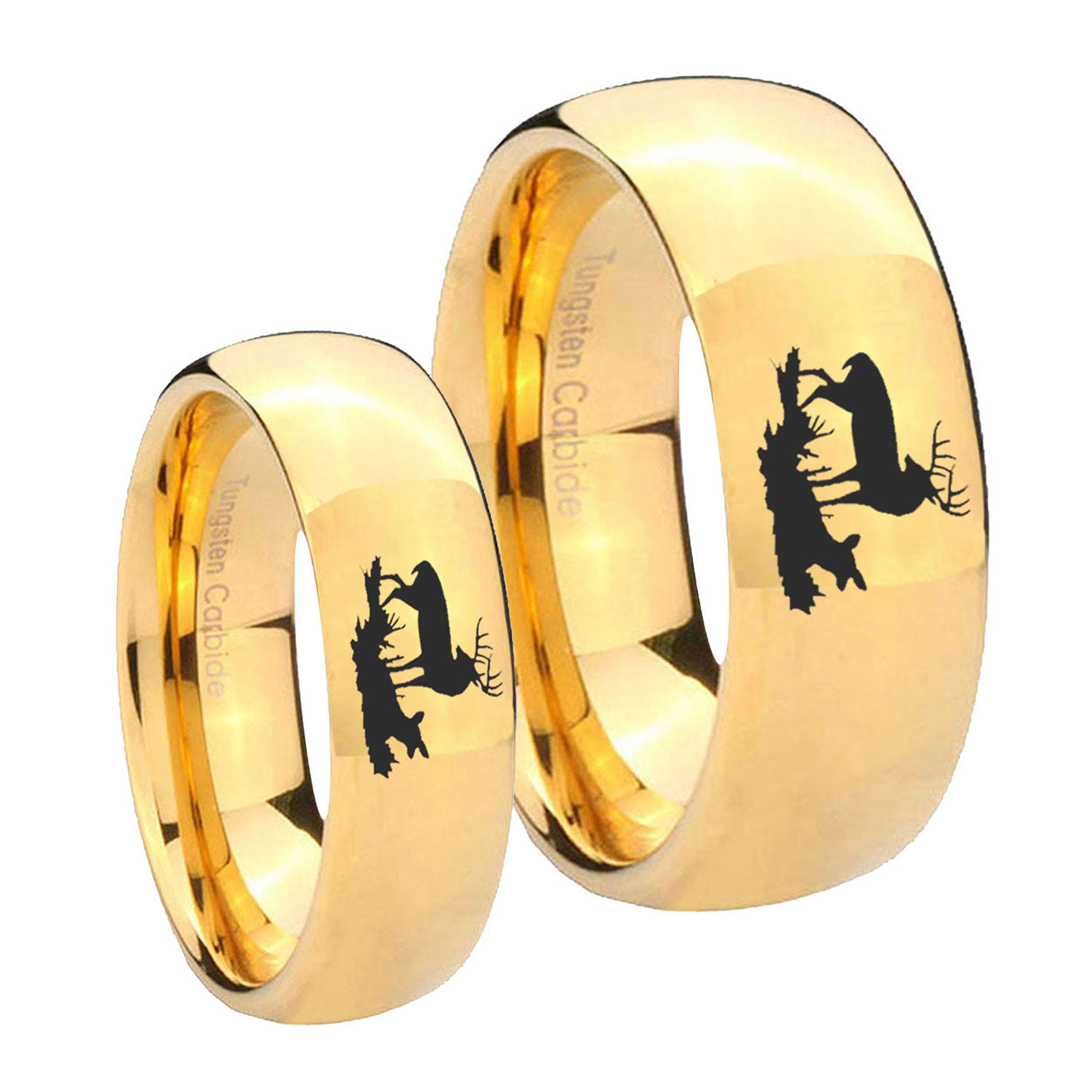 Deer Hunting Dome Gold Tungsten Bridal Set Rings