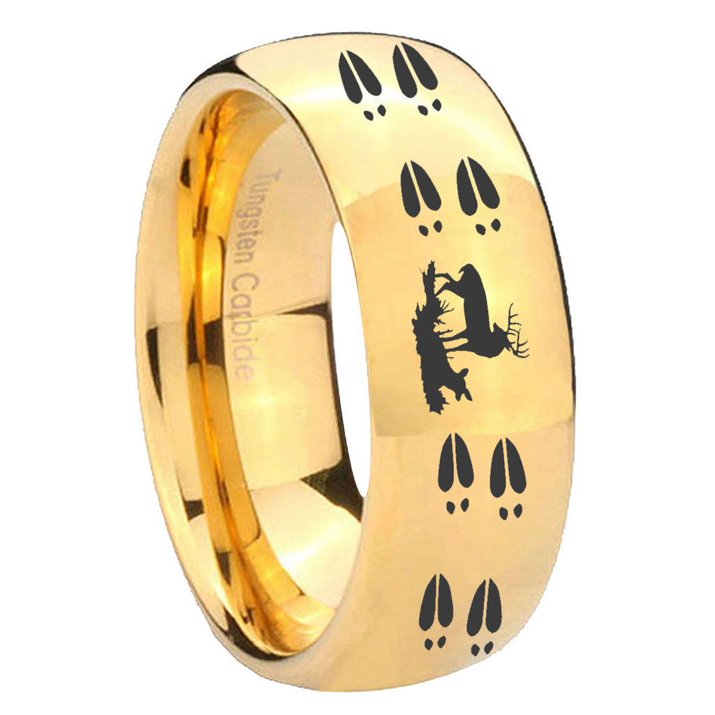 10mm Deer Hunting Tracks Dome Gold Tungsten Carbide Mens Ring Personalized
