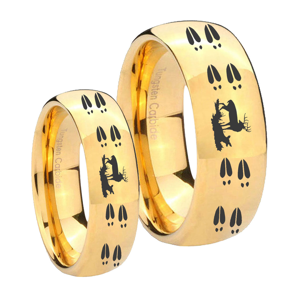 Deer Hunting Tracks Dome Gold Tungsten His And Hers Ring