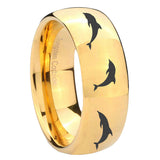 8mm Dolphins Dome Gold Tungsten Carbide Mens Ring Engraved