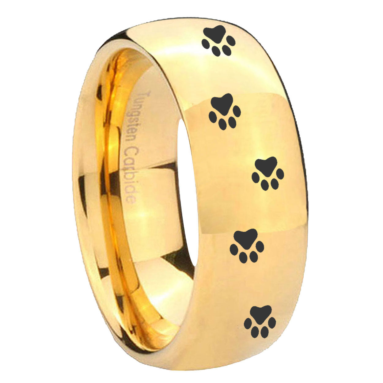 8MM Paw Print Dome Polish Gold Tungsten Wedding Band For Men