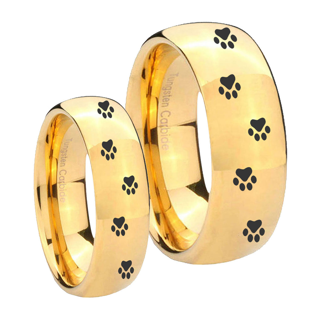 Paw Print Dome Gold Tungsten Bridal Ring Sets