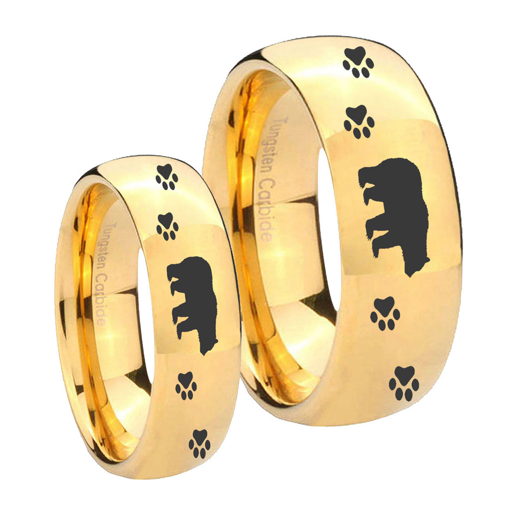 Bear and Paw Dome Gold Tungsten Couple Band Set