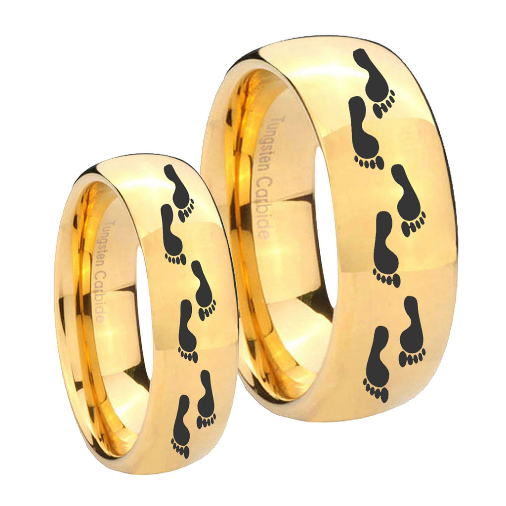 Foot Print Dome Gold Tungsten Wedding Ring Sets