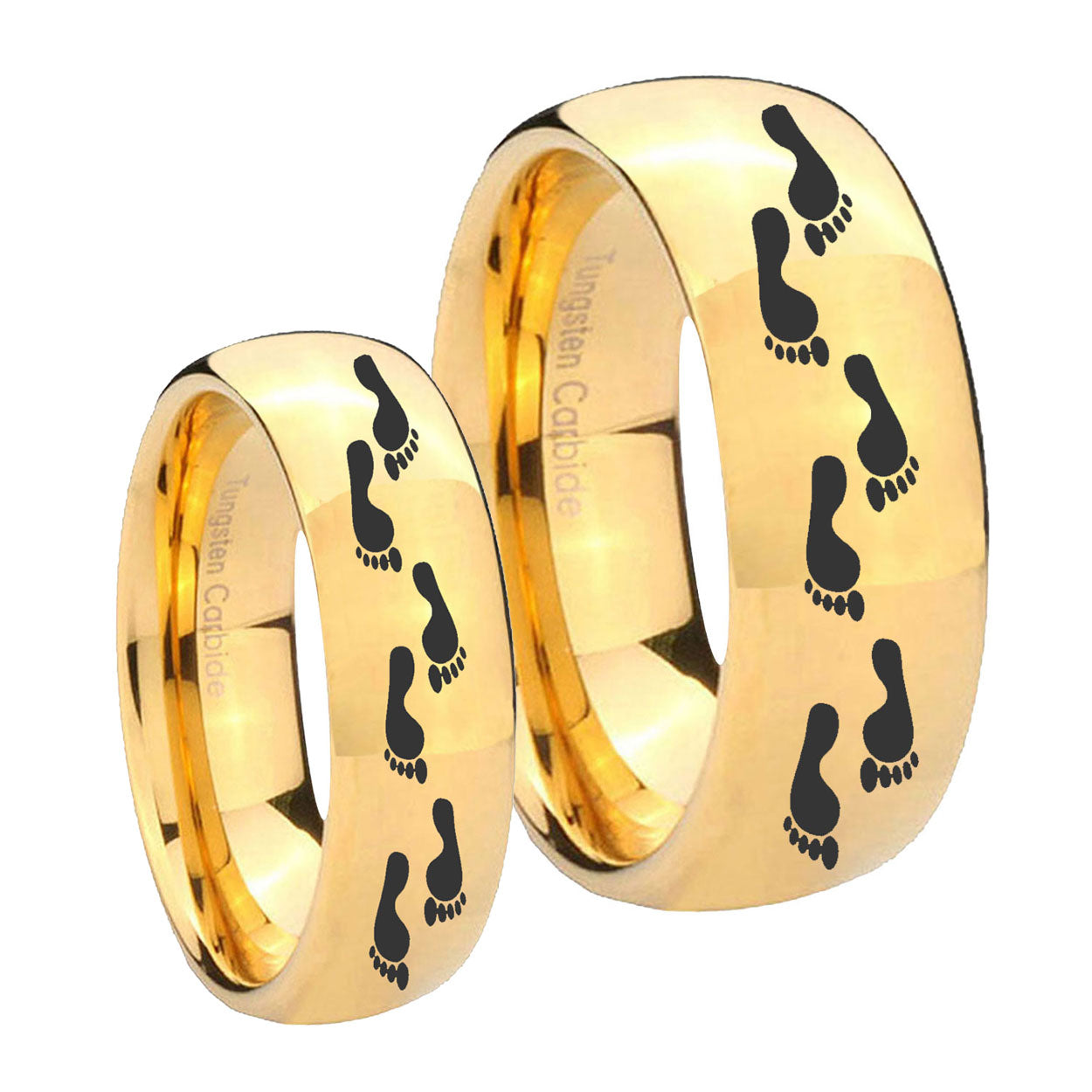 Foot Print Dome Gold Tungsten Wedding Ring Sets