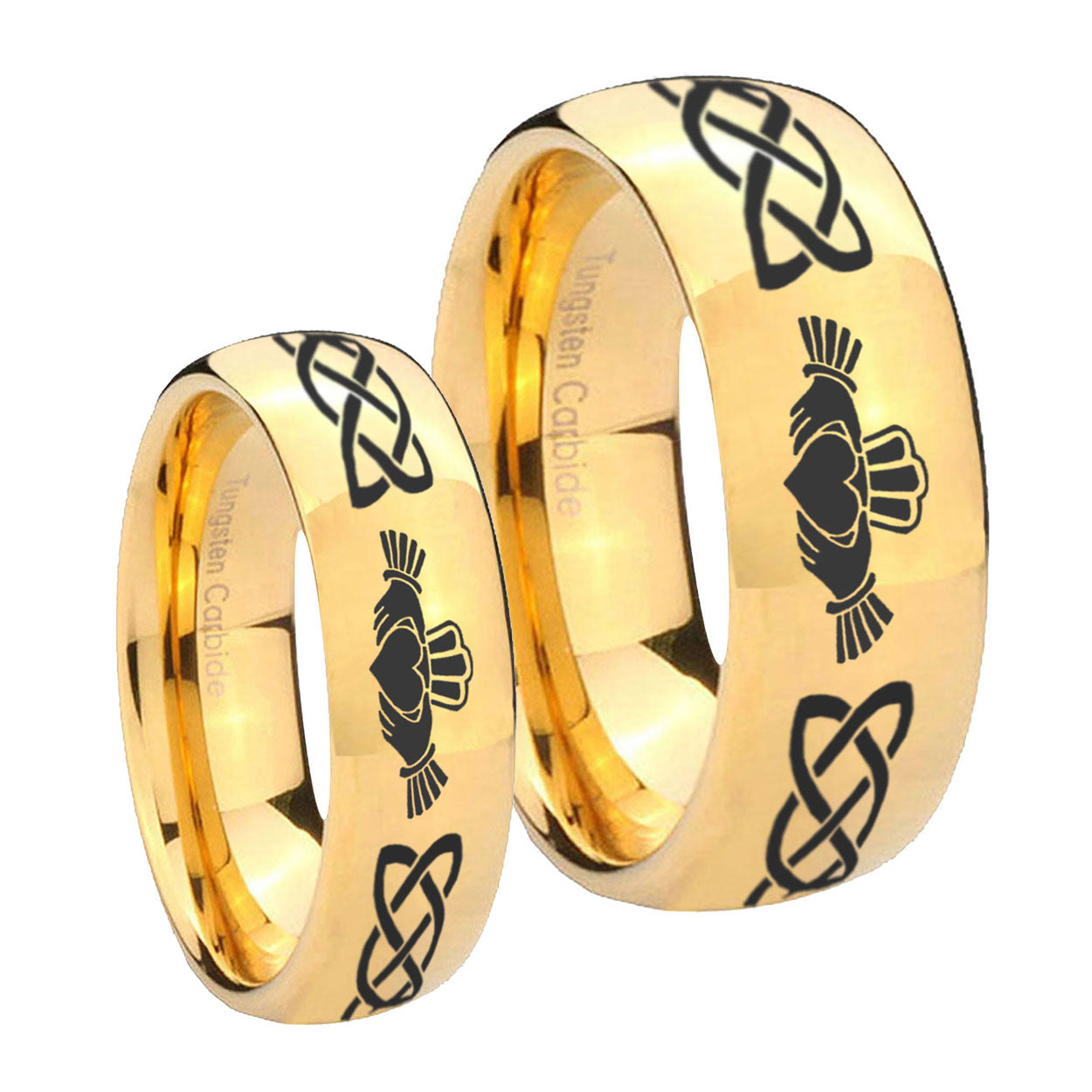 Irish Claddagh Dome Gold Tungsten Mens Ring Set