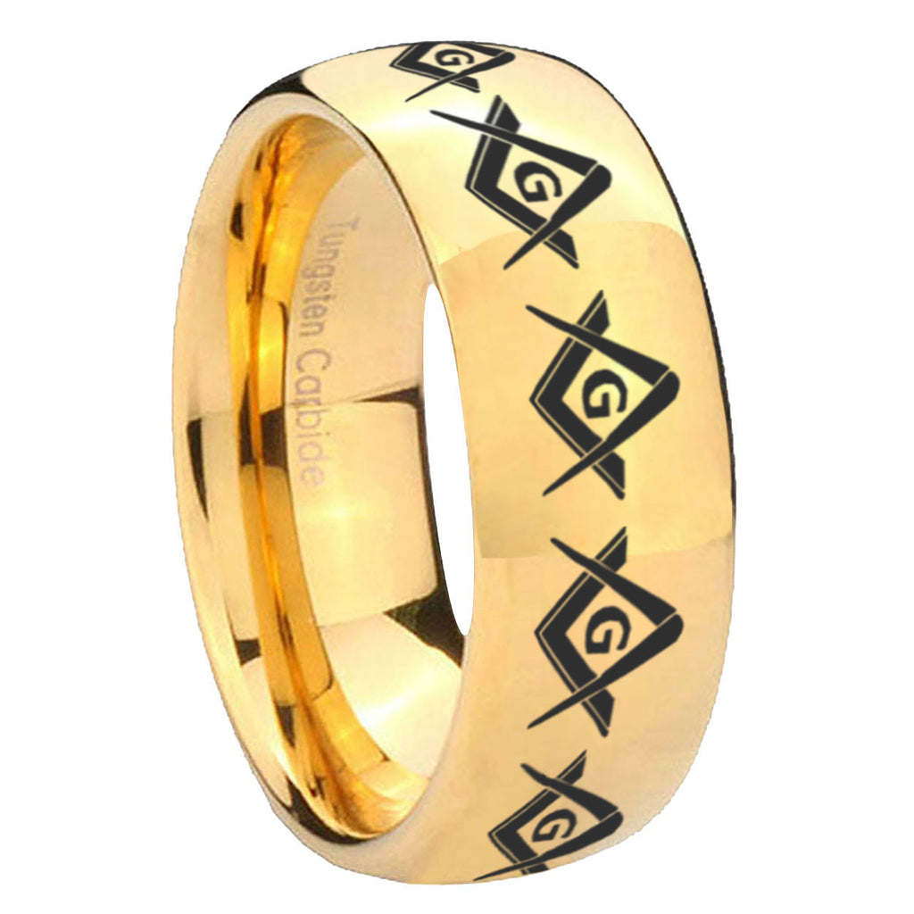 8MM Masonic Square and Compass Dome Polish Gold Tungsten Band