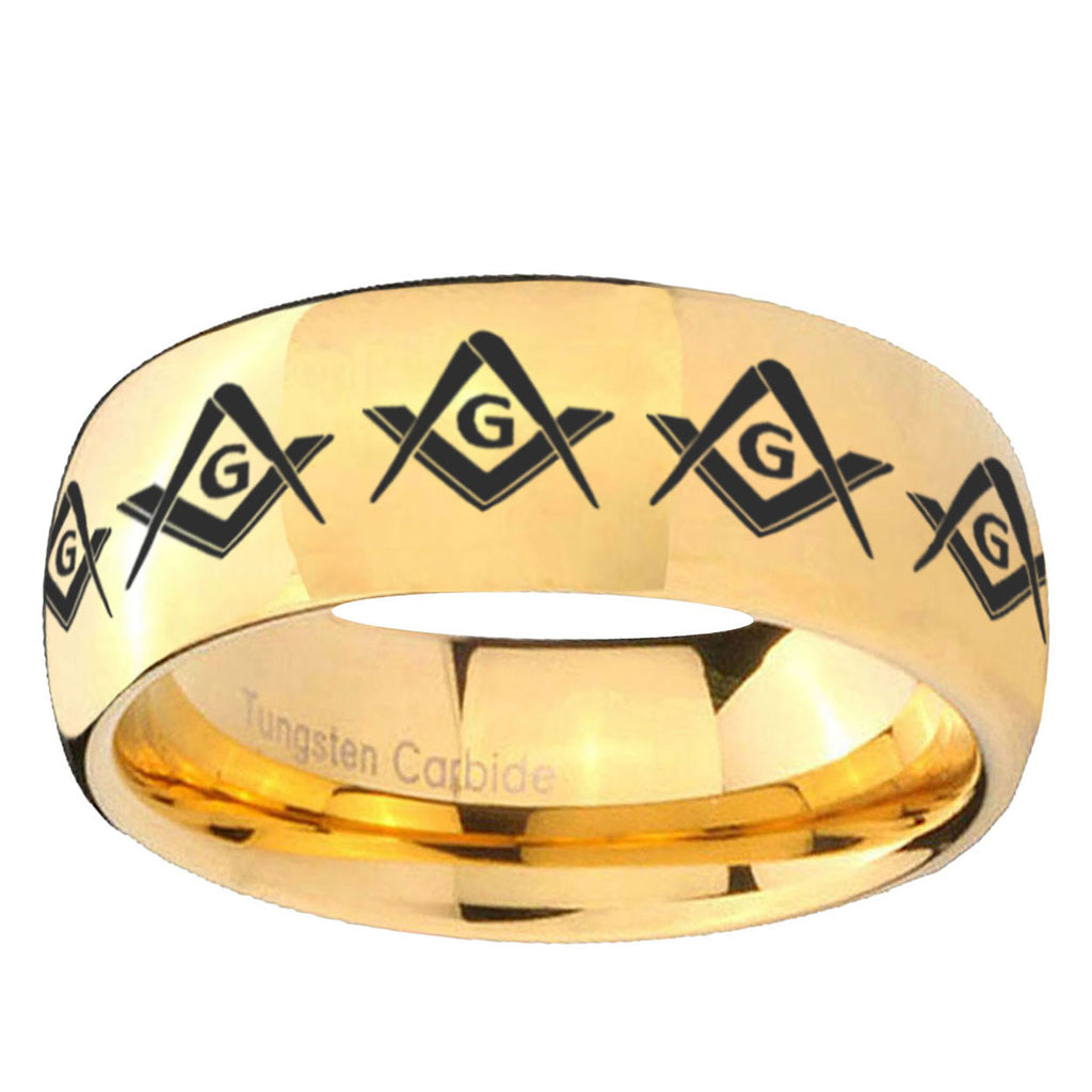 10mm Masonic Square and Compass Dome Gold Tungsten Ring