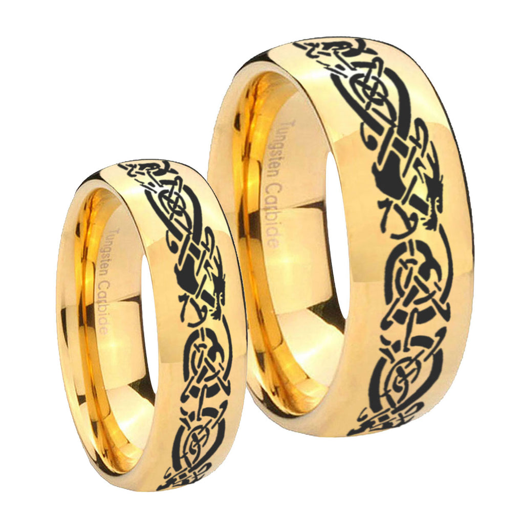 Celtic Knot Dragon Dome Gold Tungsten Wedding Band Set