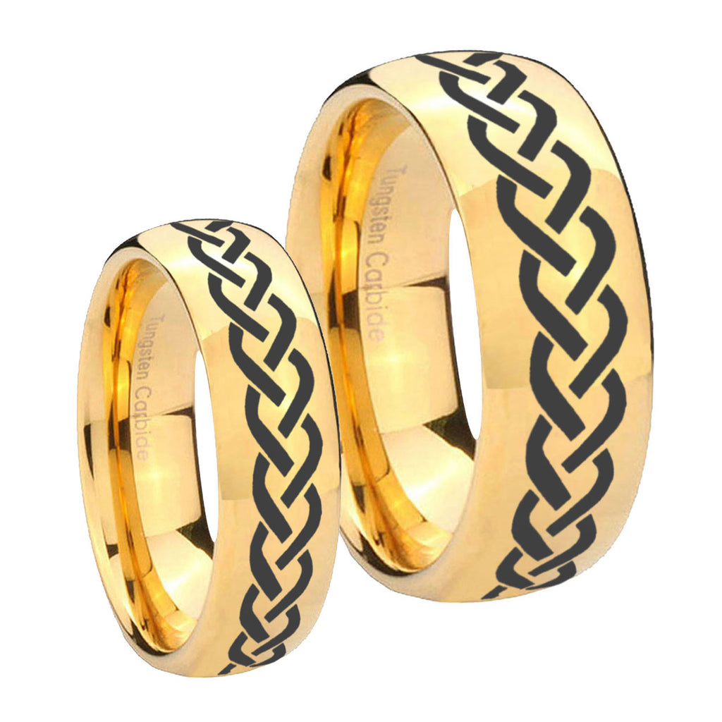 Laser Celtic Knot Dome Gold Tungsten Couples Ring Set