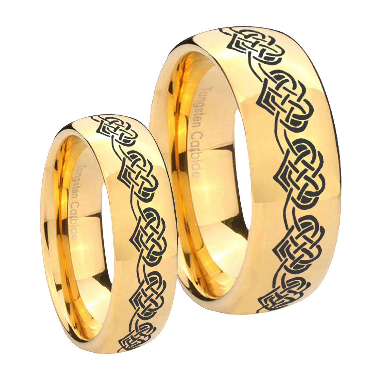 Celtic Knot Heart Dome Gold Tungsten Couples Ring Set