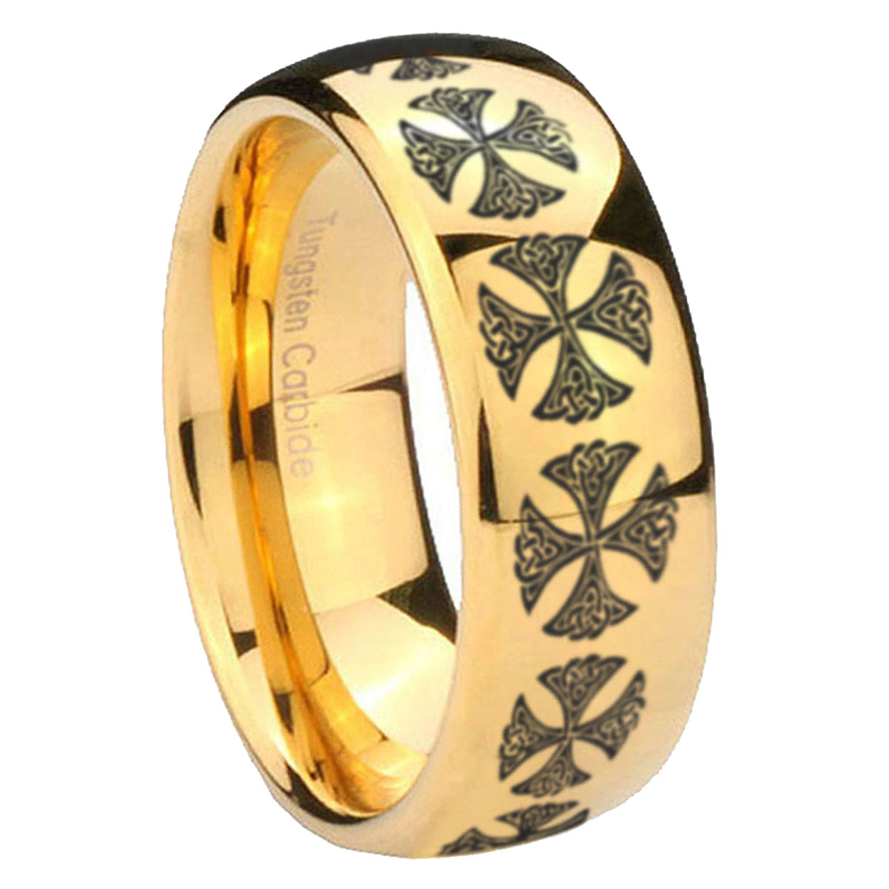 8MM Medieval Cross Dome Polish Gold Tungsten Wedding Band For Men