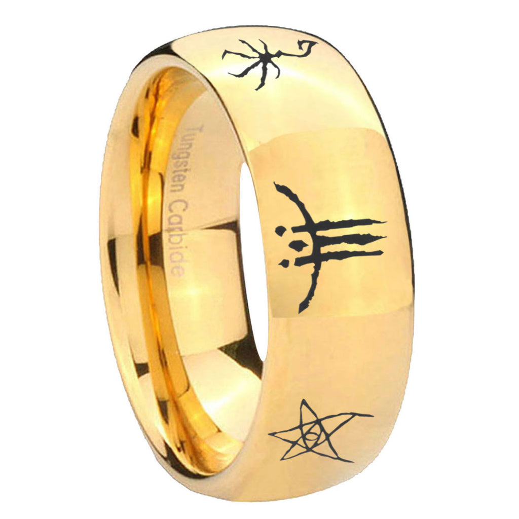 8MM Blackborne Caryll Runes Dome Polish Gold Tungsten Wedding Band