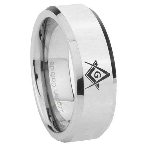 10mm Freemason Masonic Beveled Edges Silver Tungsten Carbide Wedding Band Mens