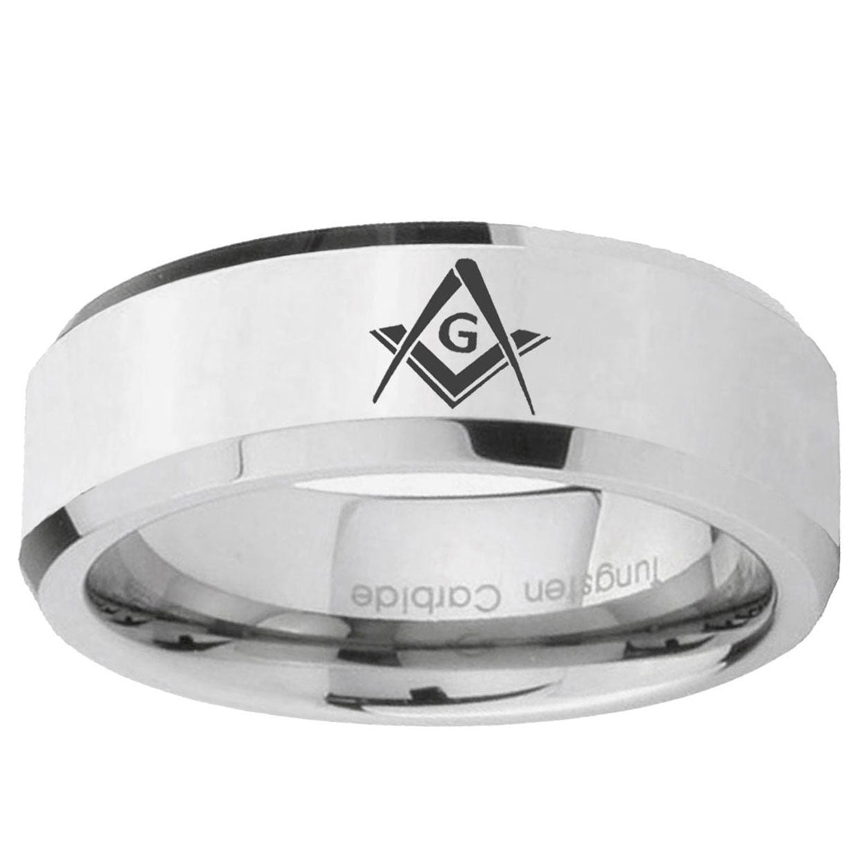 10mm Freemason Masonic Beveled Edge Silver Tungsten Ring