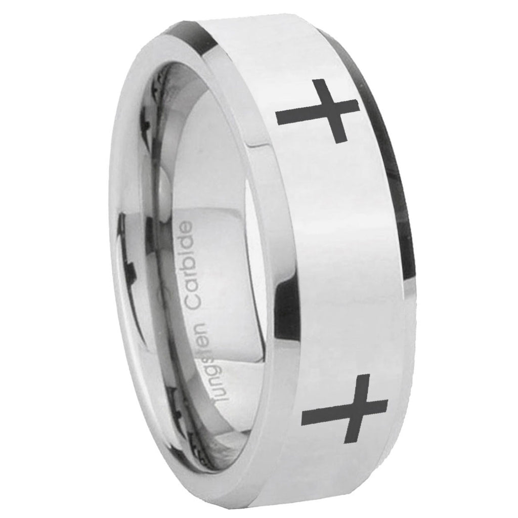 10mm Crosses Beveled Edges Silver Tungsten Carbide Rings for Men