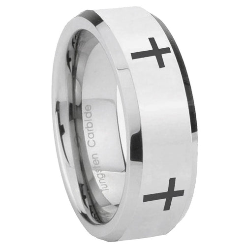 10mm Crosses Beveled Edges Silver Tungsten Carbide Rings for Men