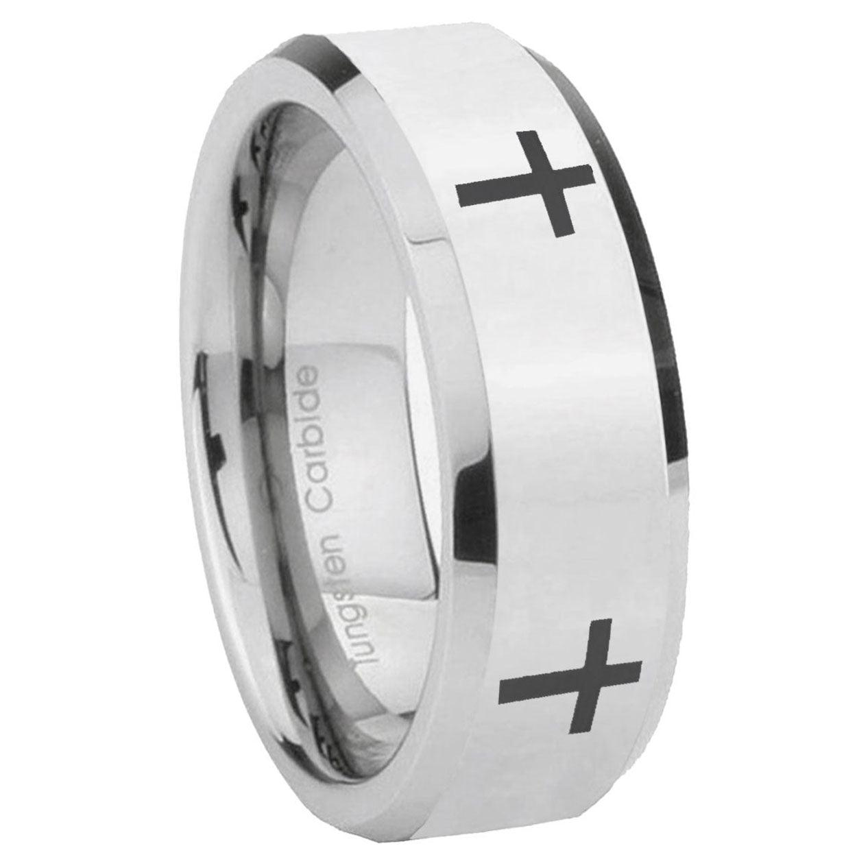 8MM Crosses Bevel Polish Silver Tungsten Ring For Man