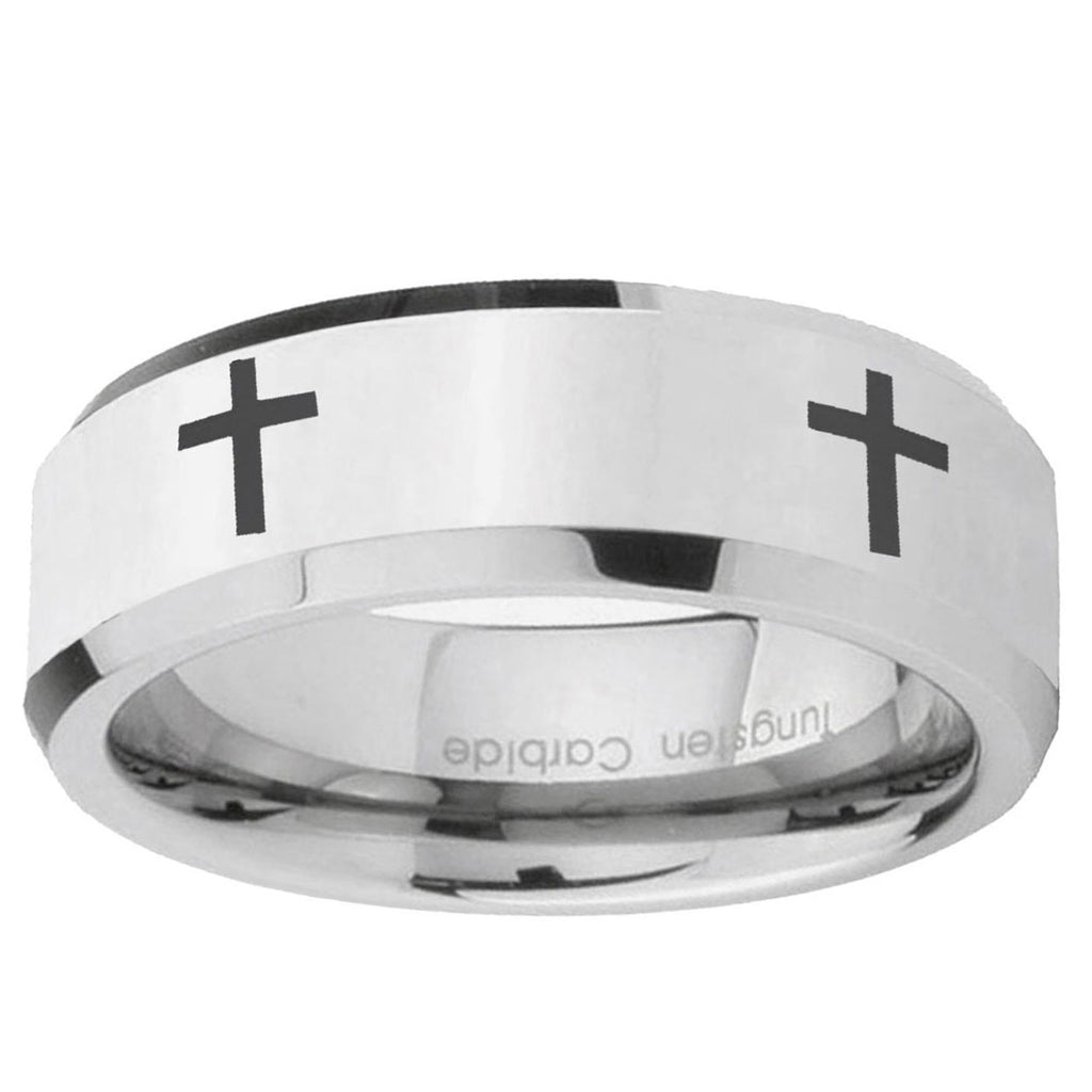 10mm Crosses Beveled Edge Silver Tungsten Ring