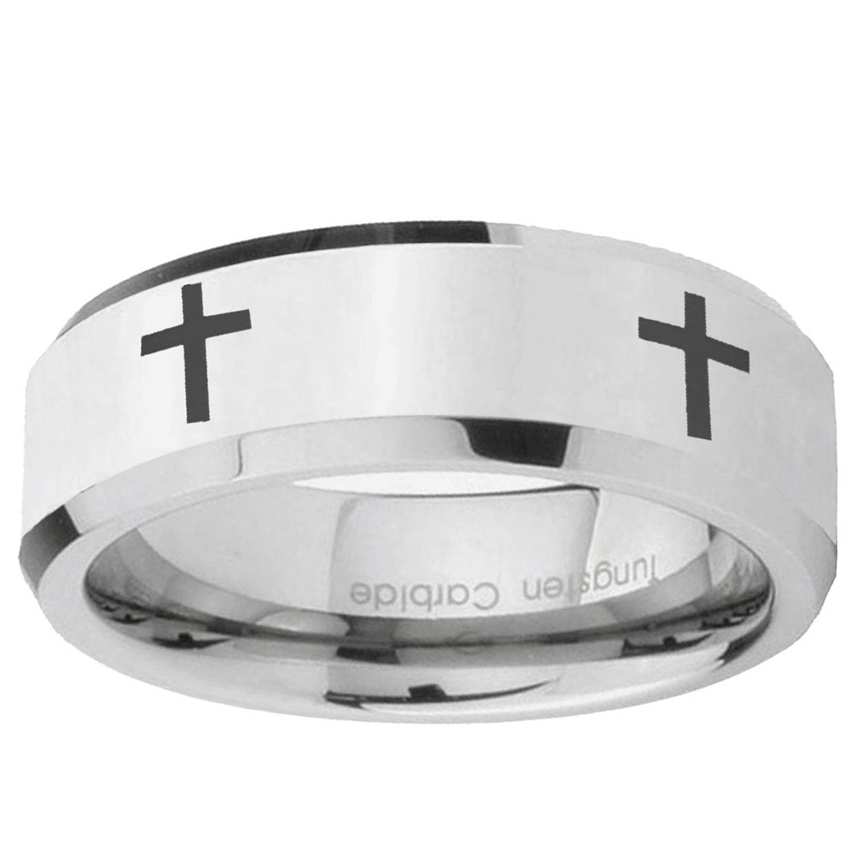 10mm Crosses Beveled Edge Silver Tungsten Ring
