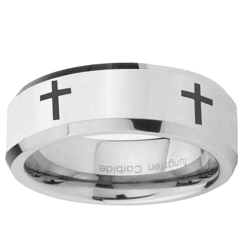 10mm Crosses Beveled Edge Silver Tungsten Ring