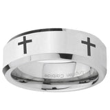 5, 8mm Crosses Beveled Edge Silver Tungsten Ring