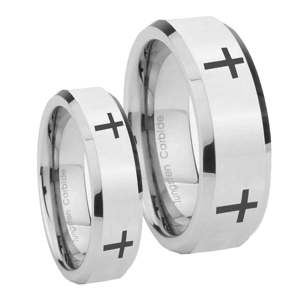 Crosses Beveled Edges Silver Tungsten Wedding Ring Sets