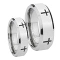 Crosses Beveled Edges Silver Tungsten Wedding Ring Sets