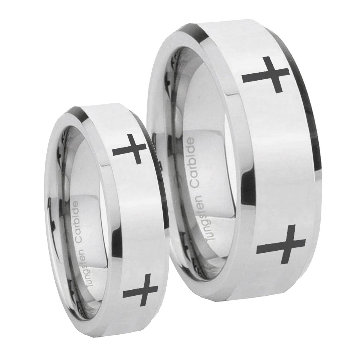 Crosses Beveled Edges Silver Tungsten Wedding Ring Sets