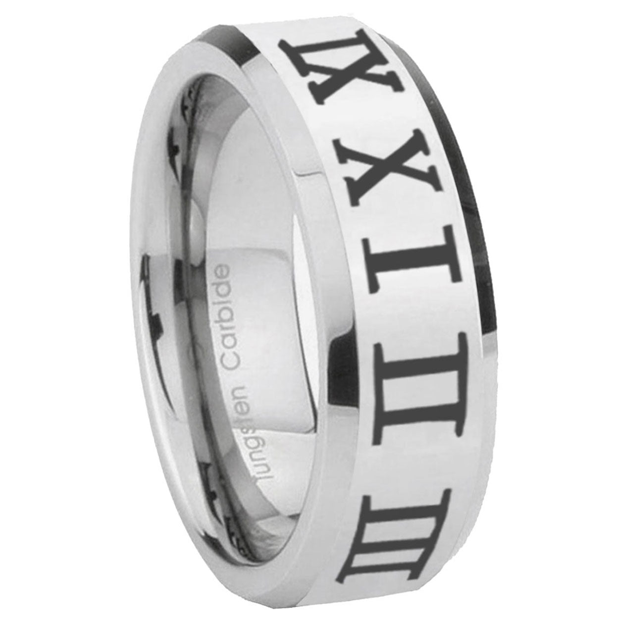 8MM Roman Numeral Bevel Polish Silver Tungsten Custom Ring