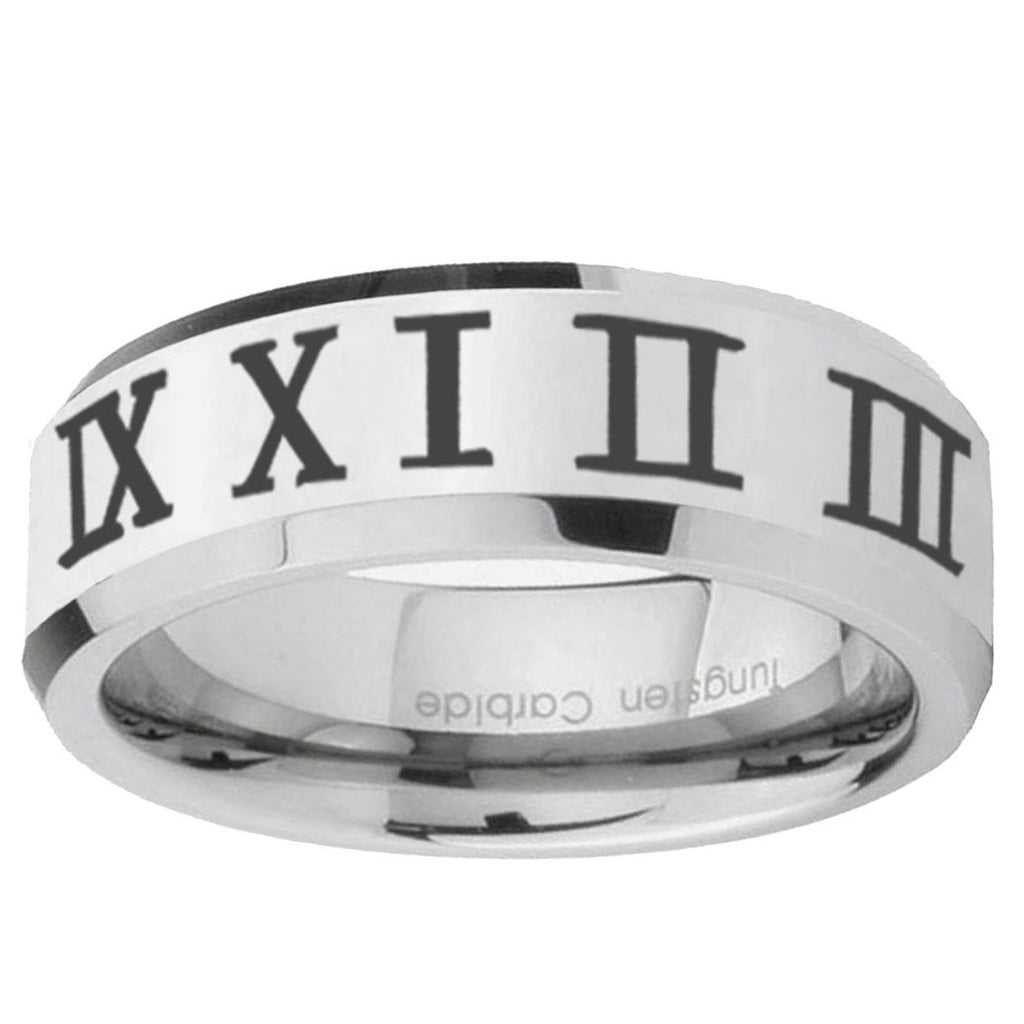 10mm Roman Numeral Beveled Edge Silver Tungsten Ring
