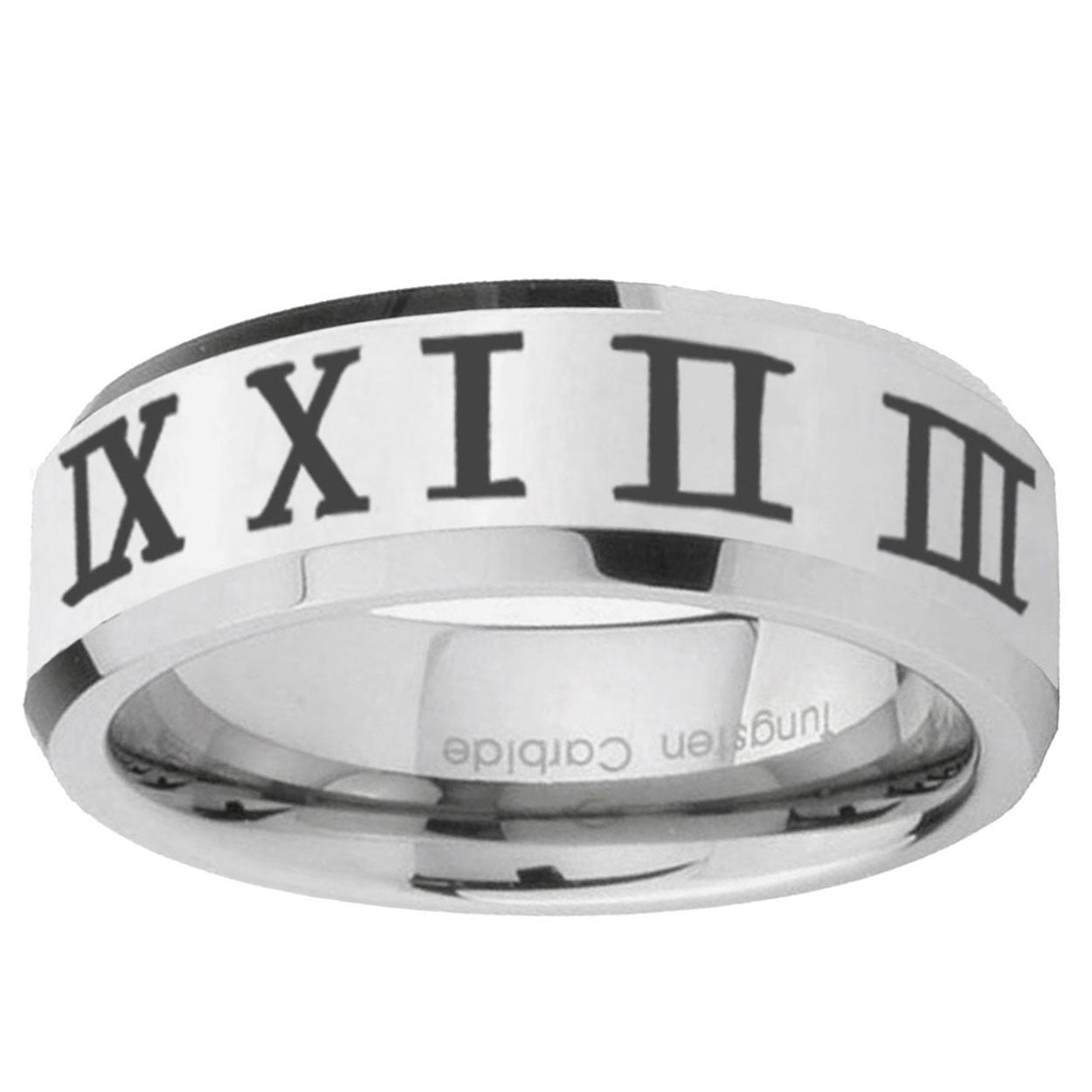 10mm Roman Numeral Beveled Edge Silver Tungsten Ring