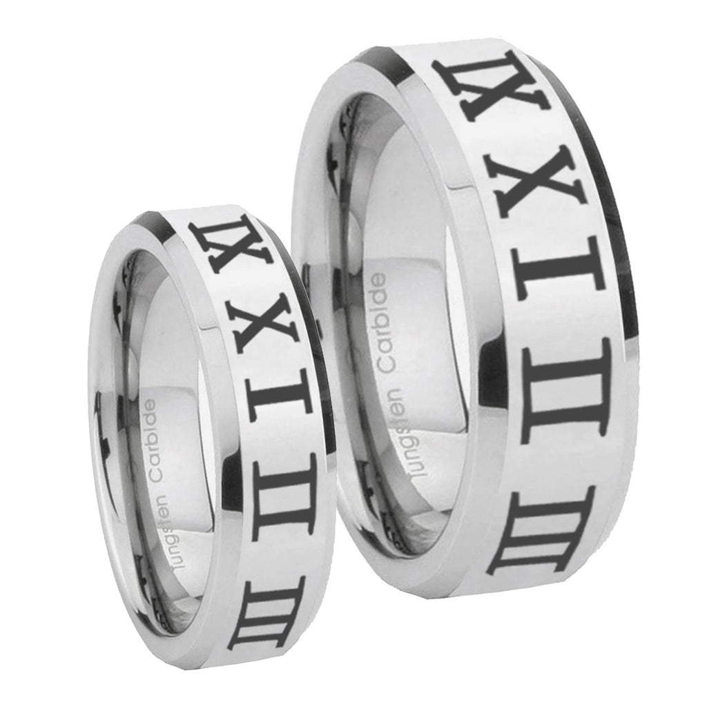 Roman Numeral Beveled Edges Silver Tungsten Mens Set Rings