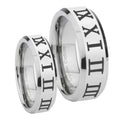 Roman Numeral Beveled Edges Silver Tungsten Mens Set Rings