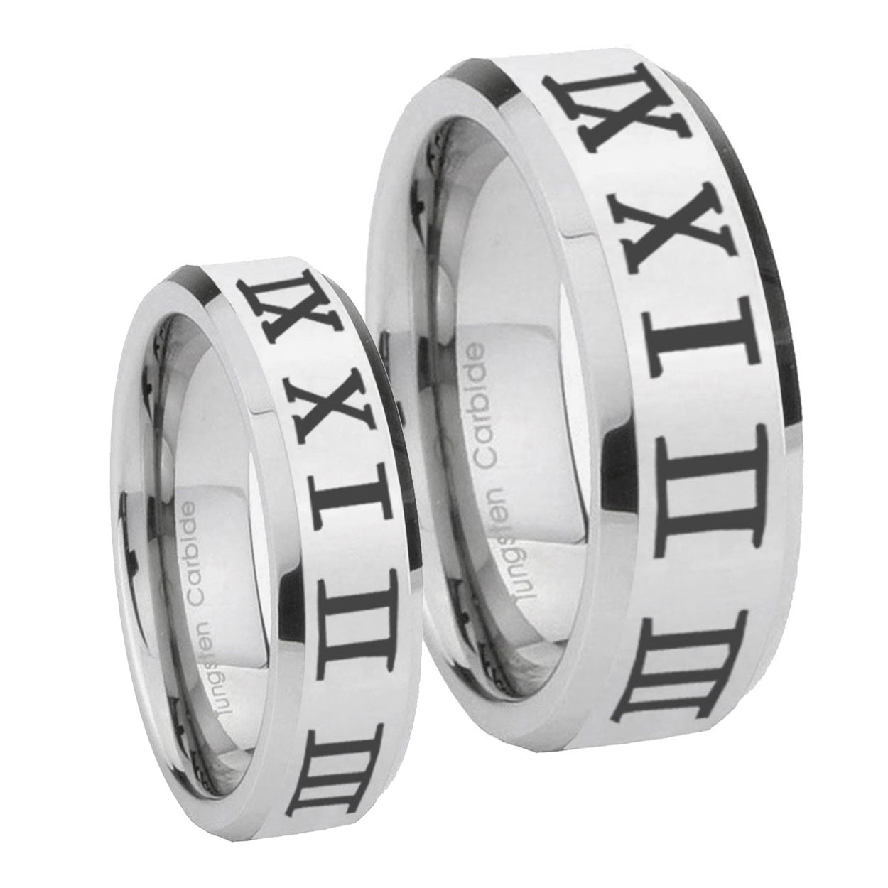 Roman Numeral Beveled Edges Silver Tungsten Mens Set Rings