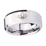 10mm-Fleur-De-Lis-Beveled-Edges-Silver-Tungsten-Carbide-Mens-Ring-Engraved