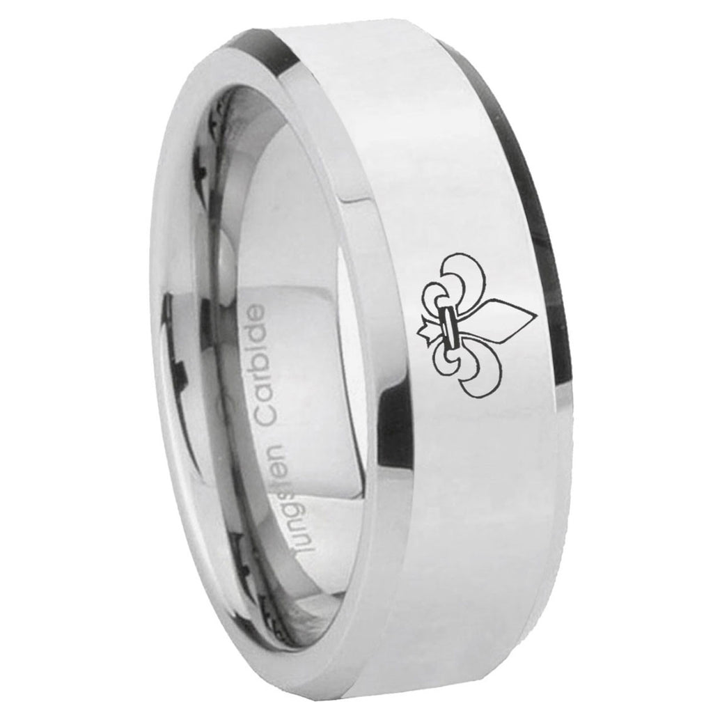 10mm Fleur Delis Beveled Edges Silver Tungsten Carbide Mens Ring Engraved