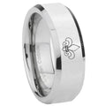 10mm Fleur Delis Beveled Edges Silver Tungsten Carbide Mens Ring Engraved