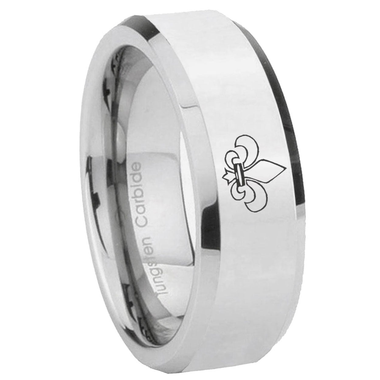 10mm Fleur Delis Beveled Edges Silver Tungsten Carbide Mens Ring Engraved