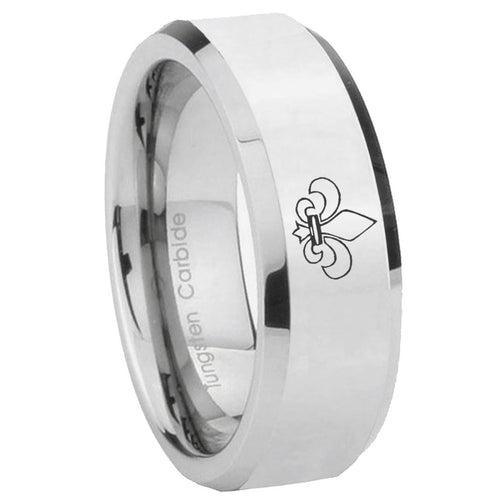 10mm Fleur Delis Beveled Edges Silver Tungsten Carbide Mens Ring Engraved