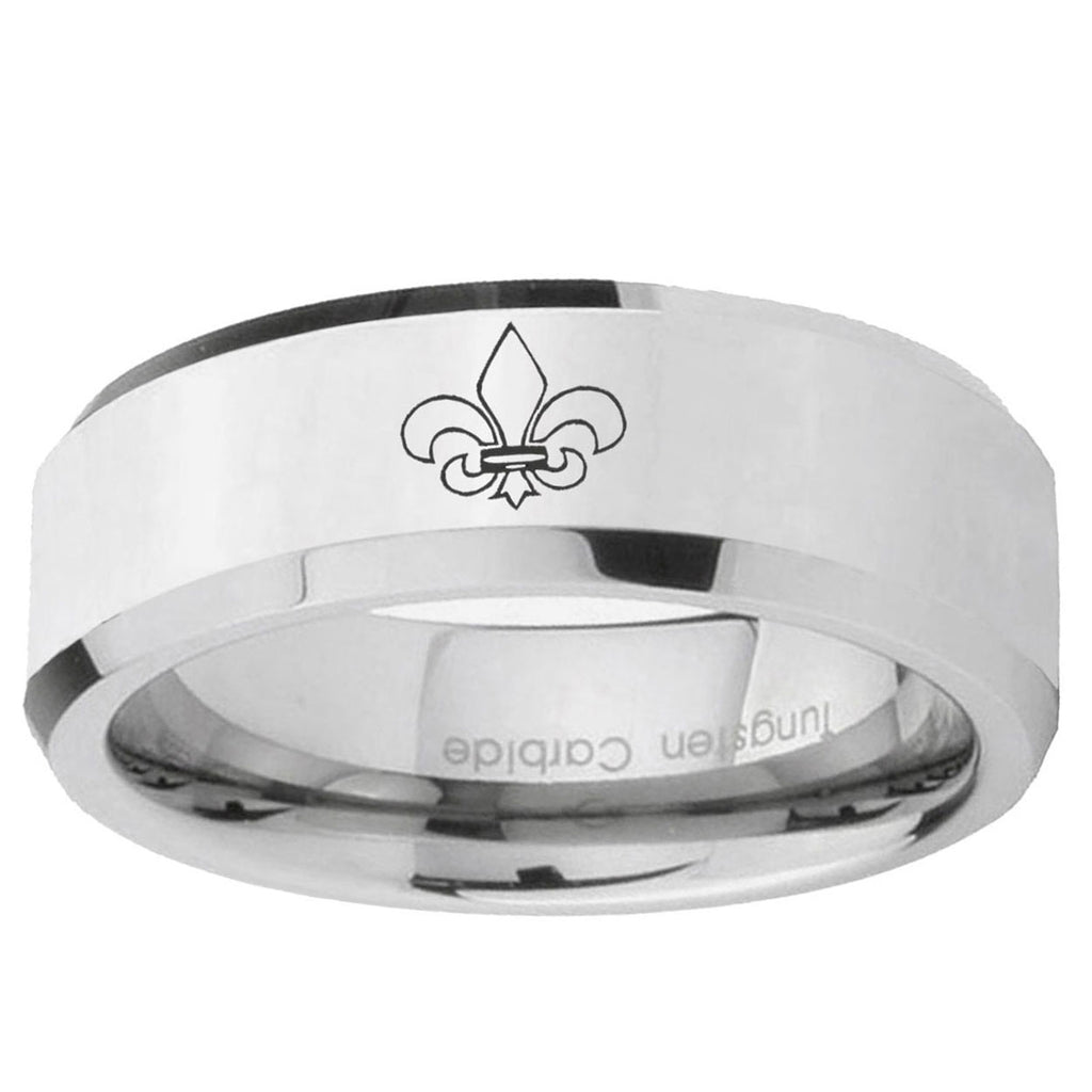 10mm Fleur-De-Lis Beveled Edge Silver Tungsten Ring