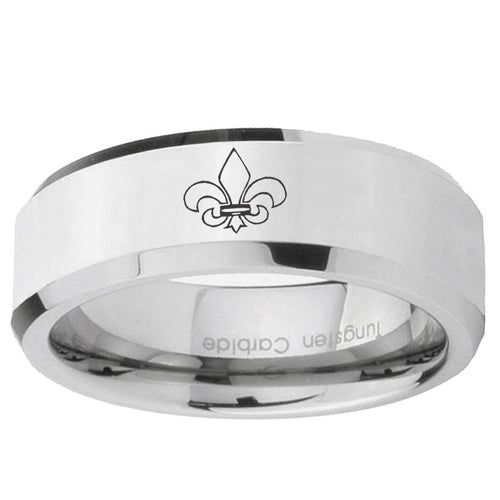 10mm Fleur-De-Lis Beveled Edge Silver Tungsten Ring